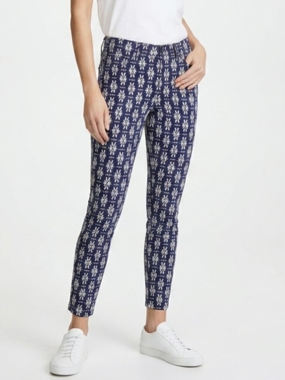 Time and Tru Women's Ponte Ankle Pants S Blue Geometric Print Stretch Pull On